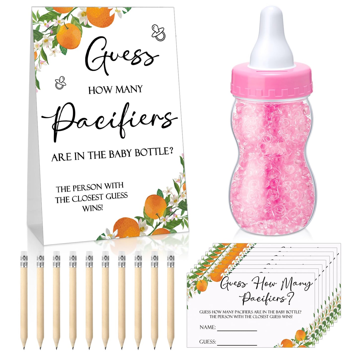 Roowest 512 Pcs Baby Shower Games Guess How Many Pacifiers Sign 100 Small Guessing Games 10 HB Pencils 750ml Milk Bottle 400 Acrylic Pacifiers Decoration for Guest Gender Reveal(Pink,Bear)
