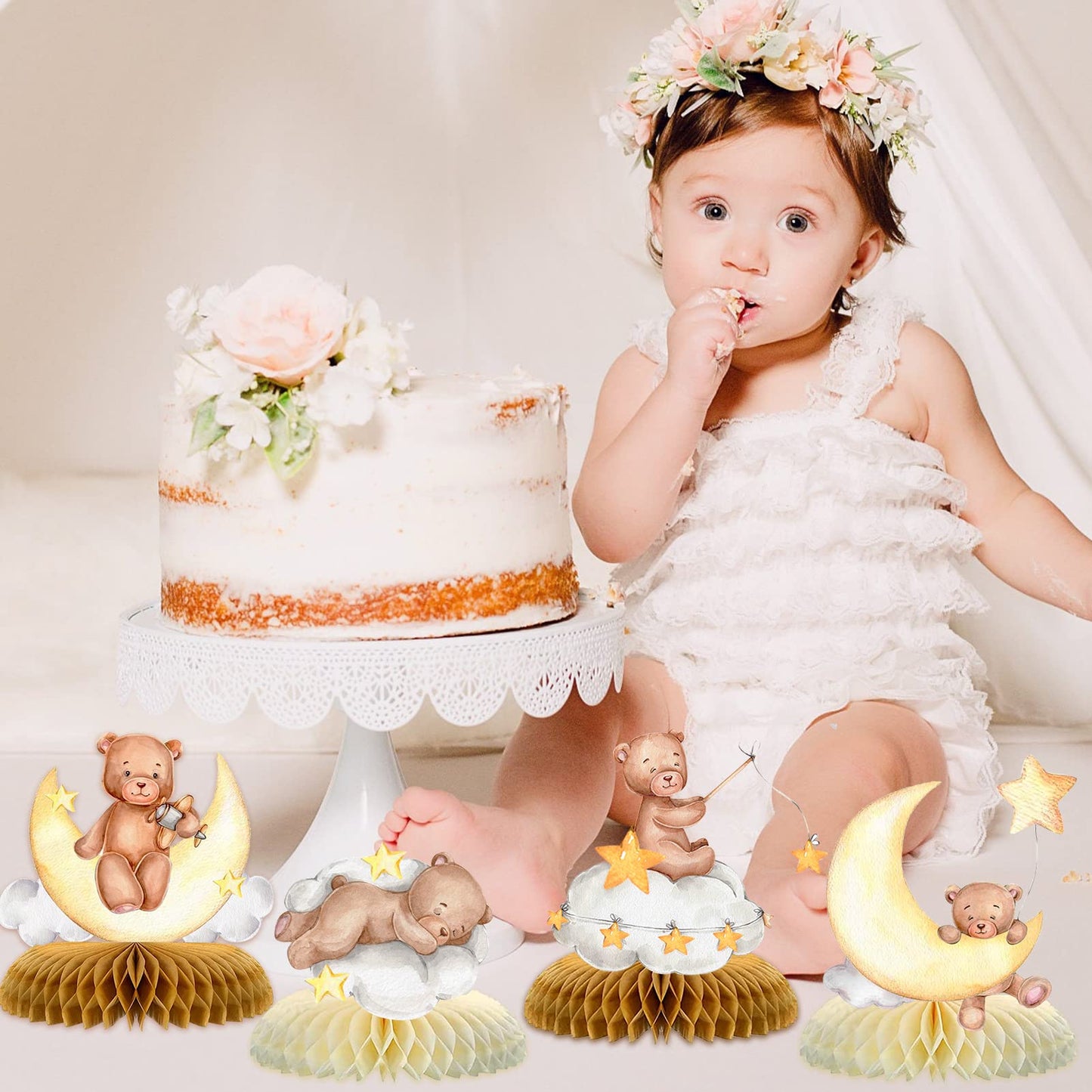 Tarklanda 9 Pcs Bear Baby Shower Honeycomb Centerpieces for Boys Party Decorate,Little Bear Balloons Cutouts Table Topper Honeycomb 3D Table Decoration for Kids Baby Shower Birthday Party Supplies