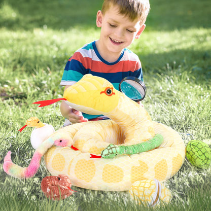 MorisMos Snake Stuffed Animals Plush Toy 120 Inch Giant Snake Plush with Babies Stuffed Snake Toys for Kids Plush Party Decorations Favors Prank Props, 4 Snake Babies, 3 Snake Eggs