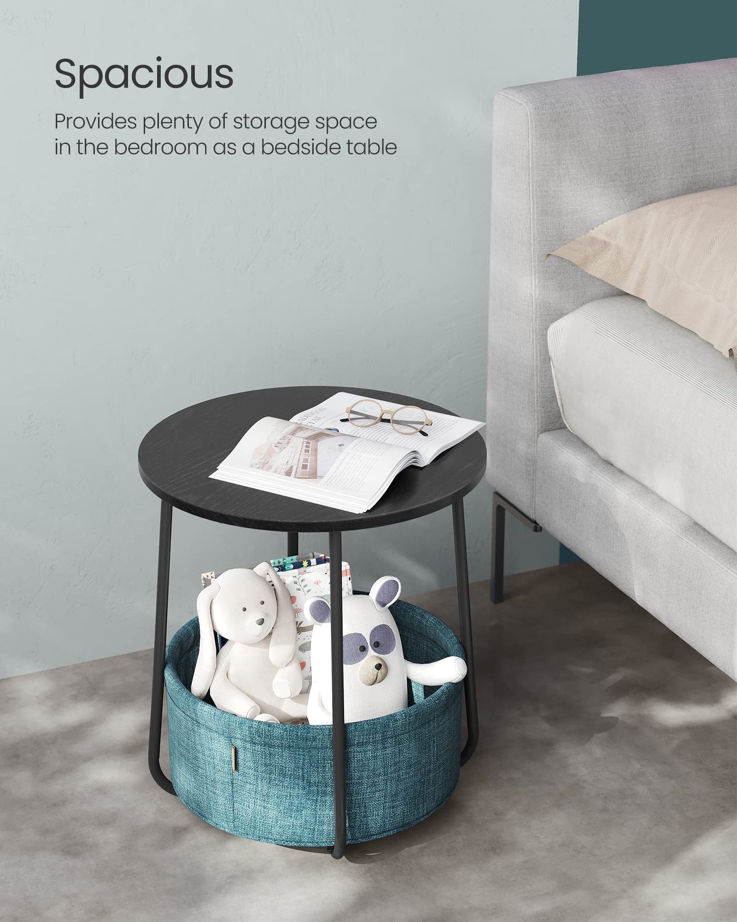 VASAGLE End Table, Small Bedside Table with Fabric Basket, Modern Nightstand, Round Side Table, for Living Room, Bedroom, Matte White and Camel Brown ULET223W10