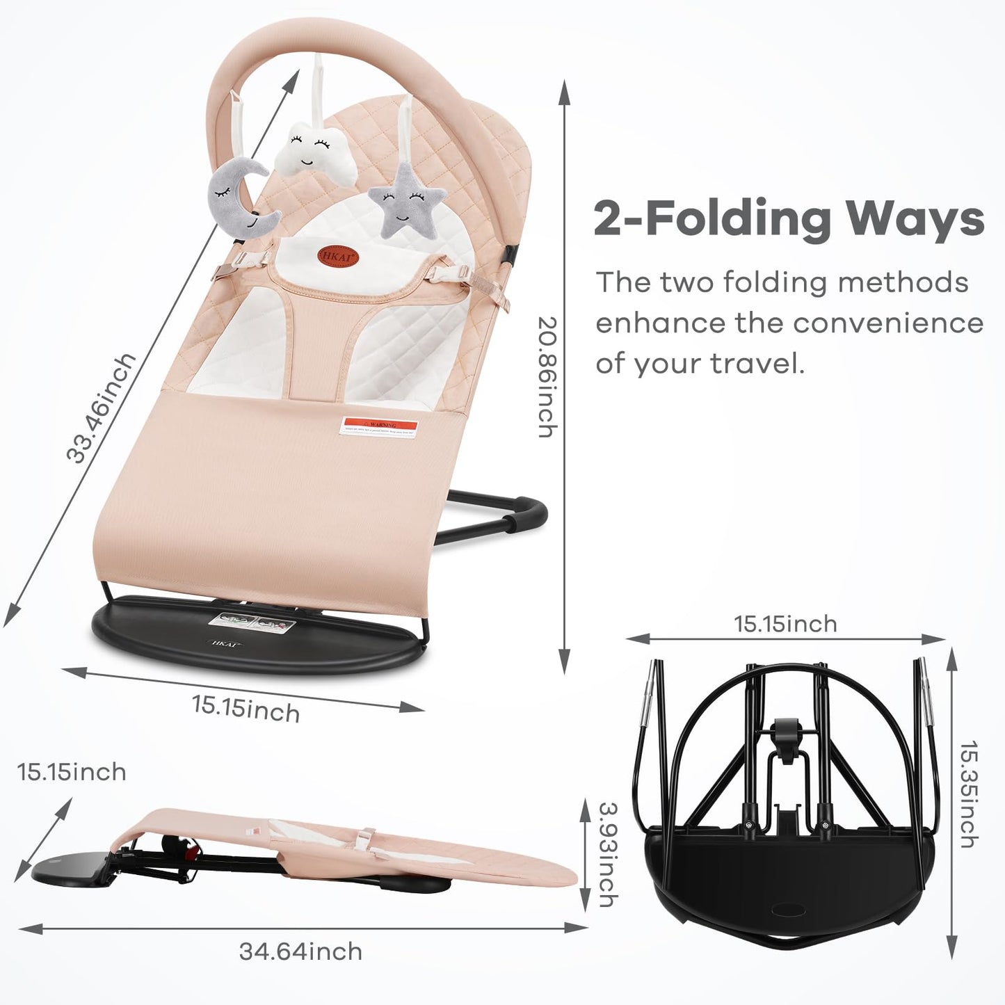 HKAI Baby Bouncer, Portable Baby Bouncer Seat for Babies 0-18 Months, 100% Cotton Fabrics, 3 Modes of use with Rocker and Stationary Options, Infant Rocker Chair with Hanging Toys-Organic Oat
