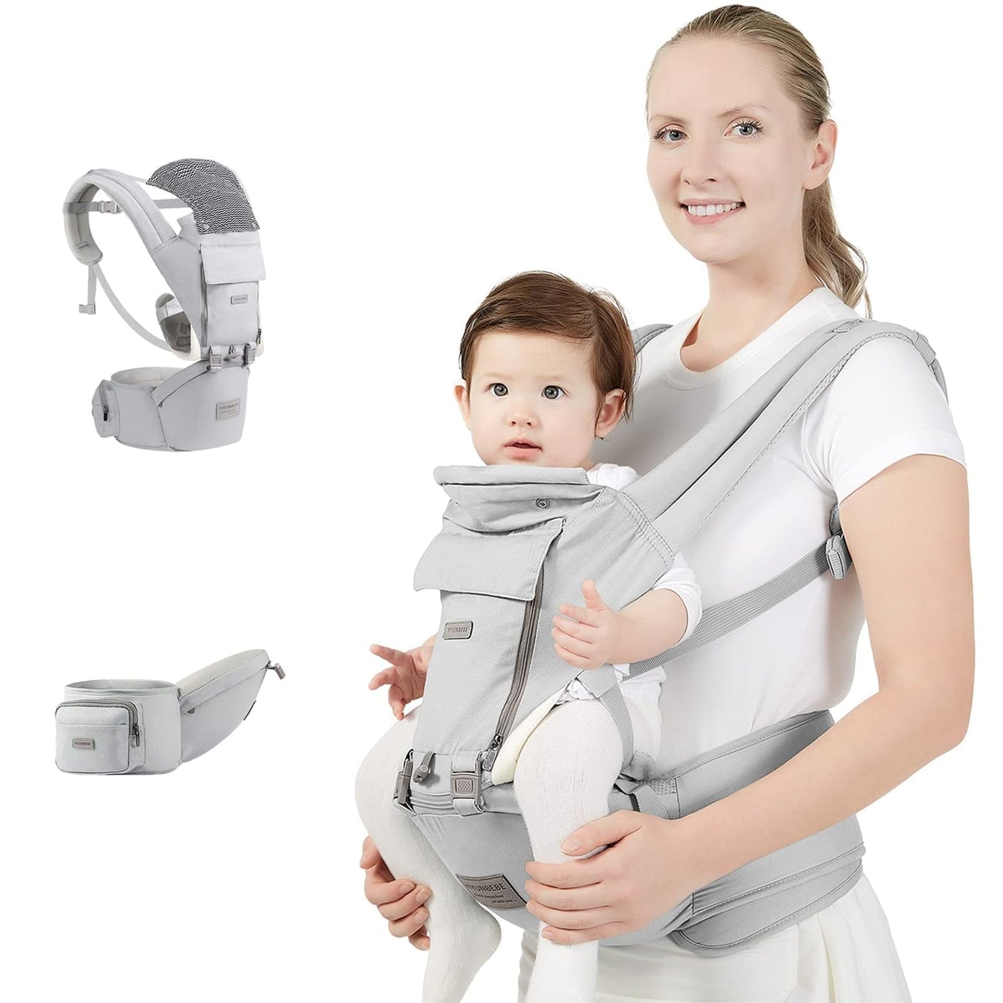 Baby Carrier, Ergonomic 6-in-1 Baby Carrier with Hip Seat for Newborn Infant Toddler, Adjustable Detachable Baby Holder Carrier for Dad Mom