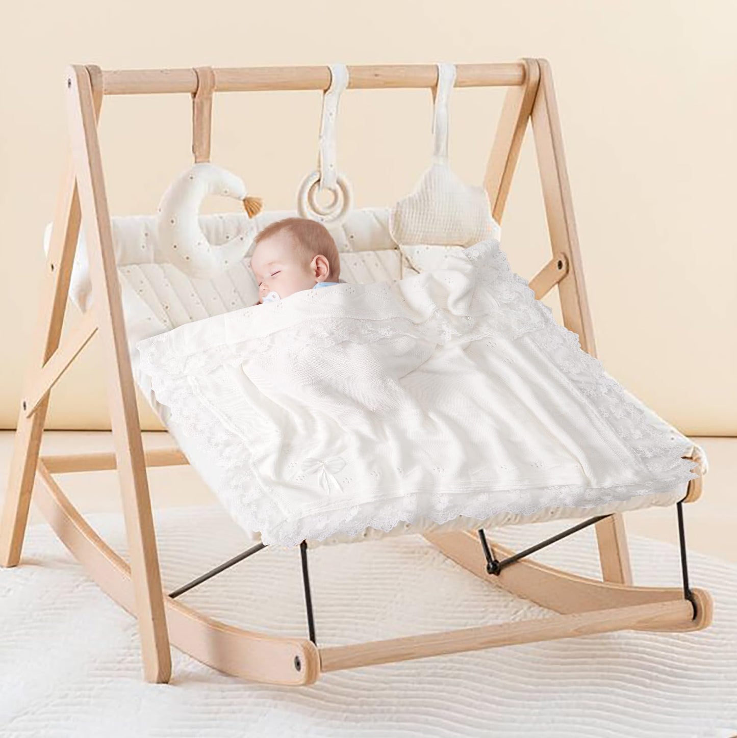 Booulfi Knit White Baby Blankets Neutral,Crib Stroller Newborn Blankets for Boys Girls,Cotton Lace Crochet Winter Blanket Nursery Blanket New Baby Essentials, 38X39