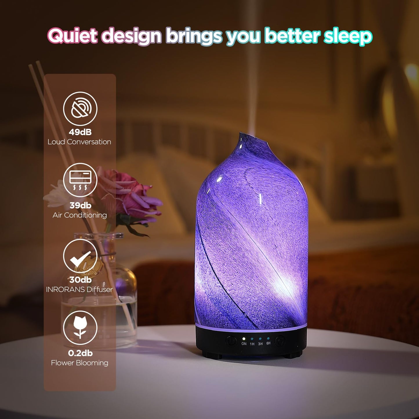 Essential Oil Diffuser Hand Blown Glass Aromatherapy Diffuser - Ultrasonic Cool Mist Scent Aroma Diffuser, Whisper Quiet with Auto Shut-Off, Timer Setting &7 Colors Night Light for Home