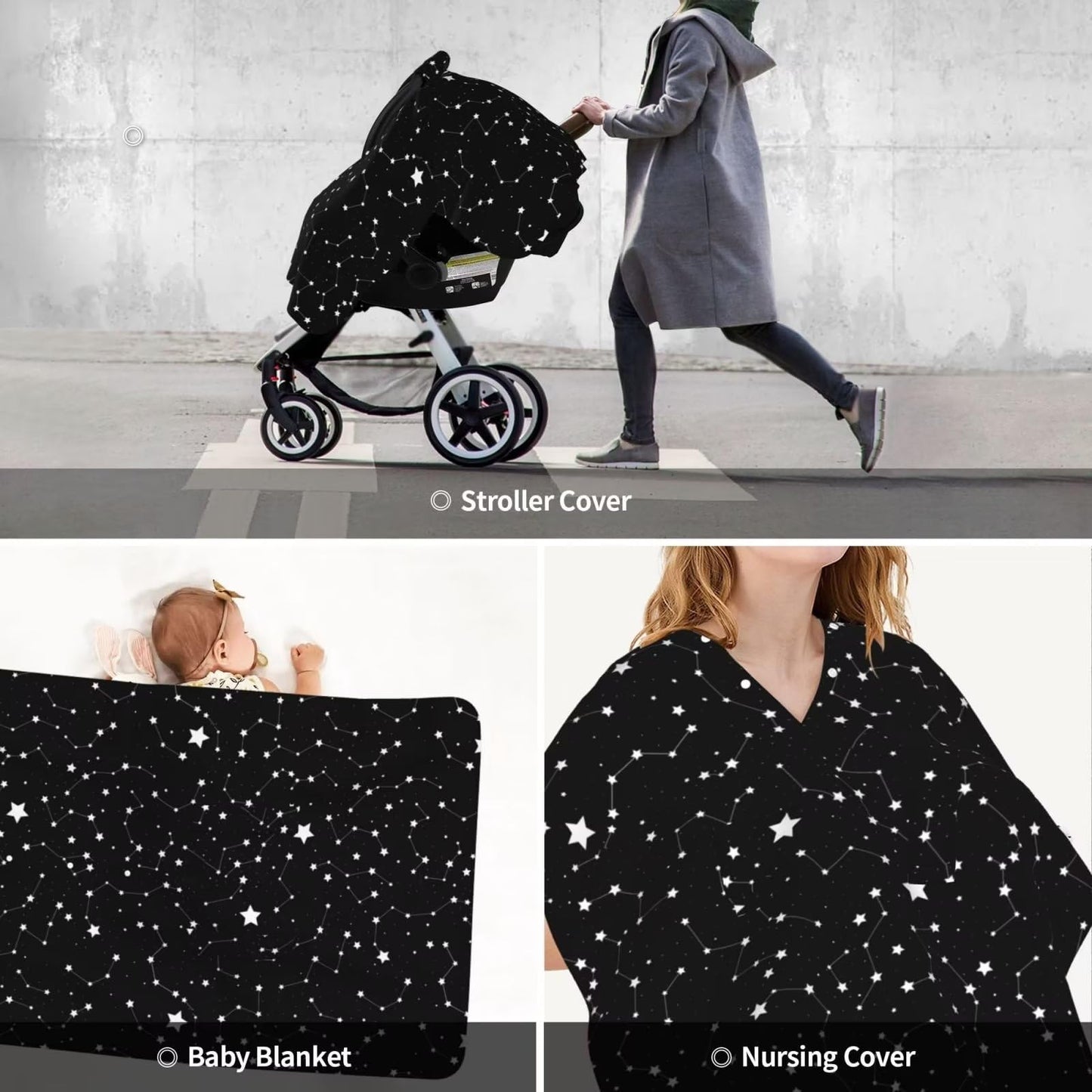 9CH Car Seat Covers for Babies, Peekaboo Opening Minky Car Seat Cover for Baby Mom Nursing Breastfeeding Covers, Winter Minky Baby Carrier Cover for Girls Boys (Black Star)