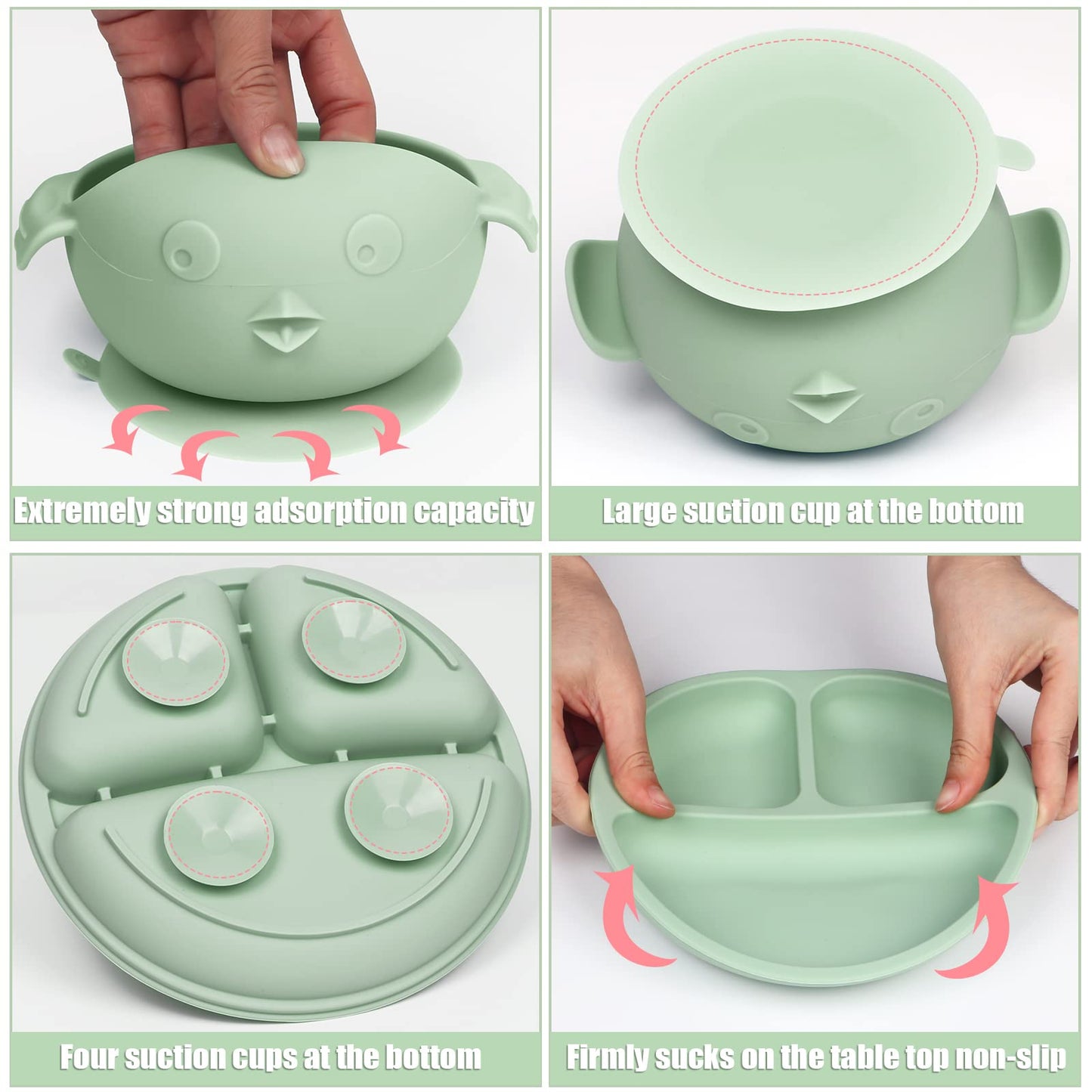 Silicone Baby Feeding Set 11 Piece, Baby Led Weaning Feeding Supplies, Strong Suction Bowl & Suction Plate, Adjustable Bibs, 4-in-1 Cup, Silicone Spoon & Fork, Food-grade Silicone (Green)