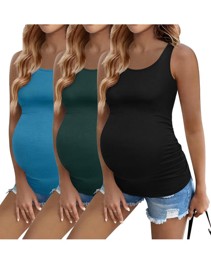 Ekouaer 3 Pack Women Maternity Tank Tops Ruch Side Basic Shirts Summer Postpartum Tops Sleeveless Pregnancy Workout Clothes