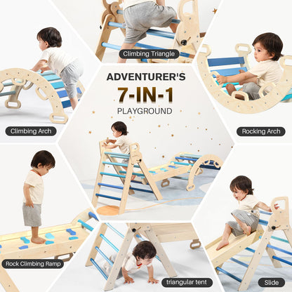 BlueWood Pikler Triangle Set 7-in-1 Foldable Baby Climbing Wooden Toys with Arch&Ramp&Ladder Climber Indoor Jungle Gyms for Toddlers - Rainbow
