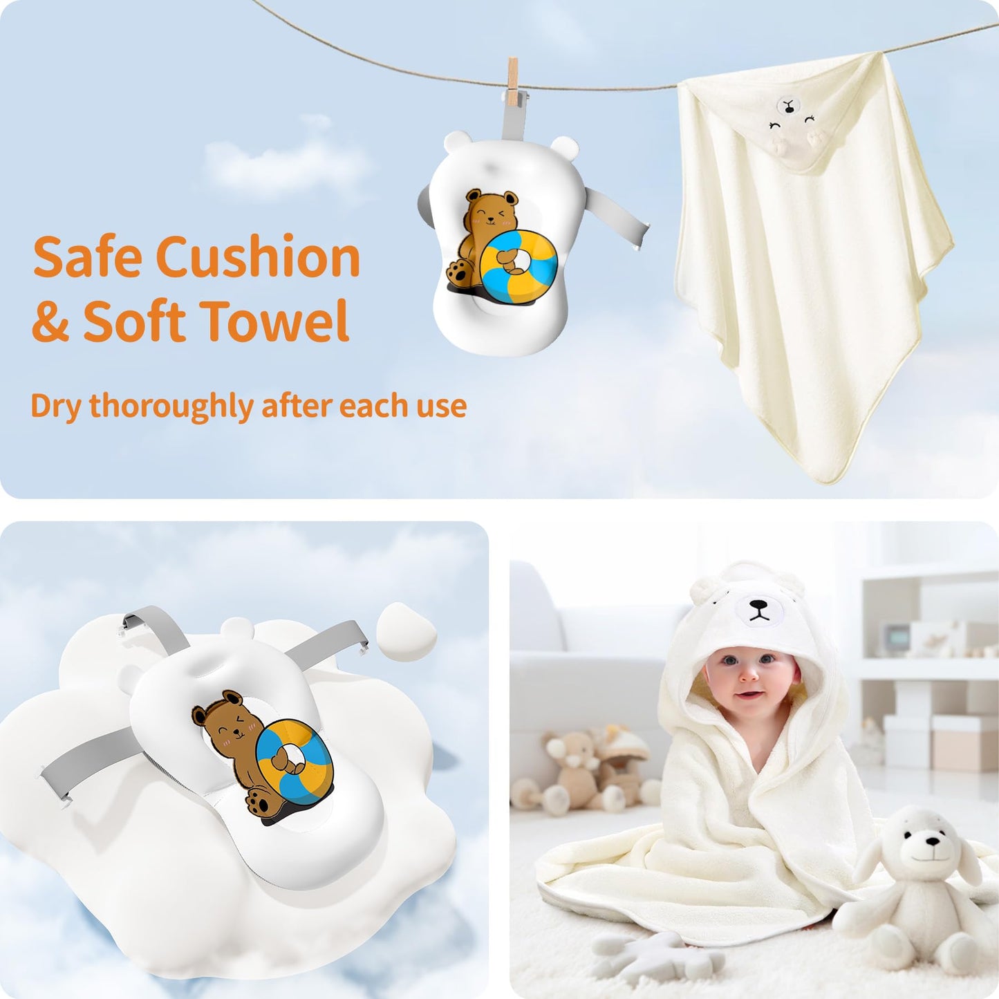 Collapsible Baby Bathtub for Newborn to Toddler (0-18 M) - Portable Baby Tub with Thermometer, Newborn Bathtub with Soft Towel and Floating Cushion (Brown)
