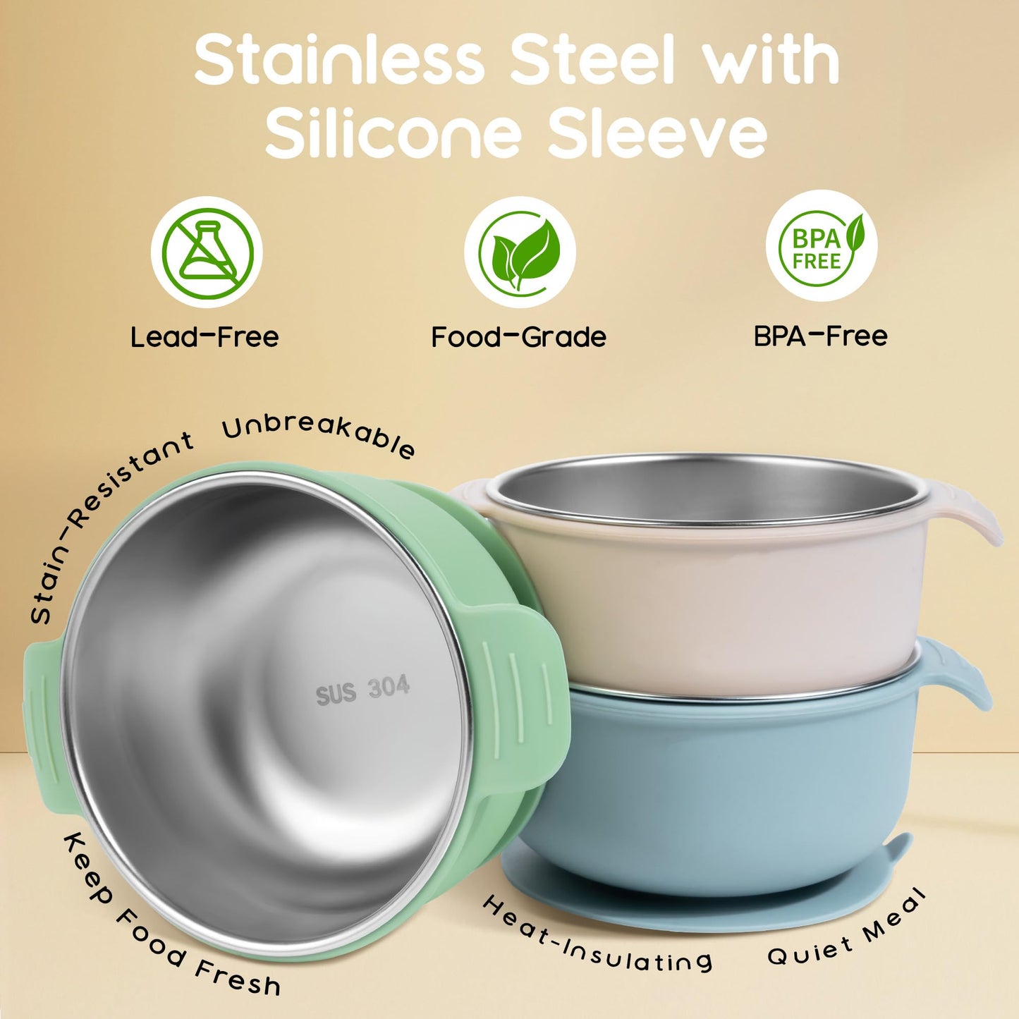 Bella’s Friends Stainless Steel and Silicone Baby Bowls with Suction 3 Pack, 4.3” for Toddlers Kids Feeding, Non-Slip, Non-Toxic, Mess-Free, Dishwasher Safe, Fit High Chair Size, light pink beige pink