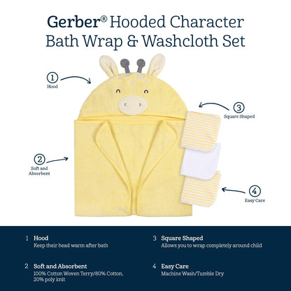 Gerber Baby 4 Piece Animal Character Hooded Towel and Washcloth Set, Brown Lion, One Size