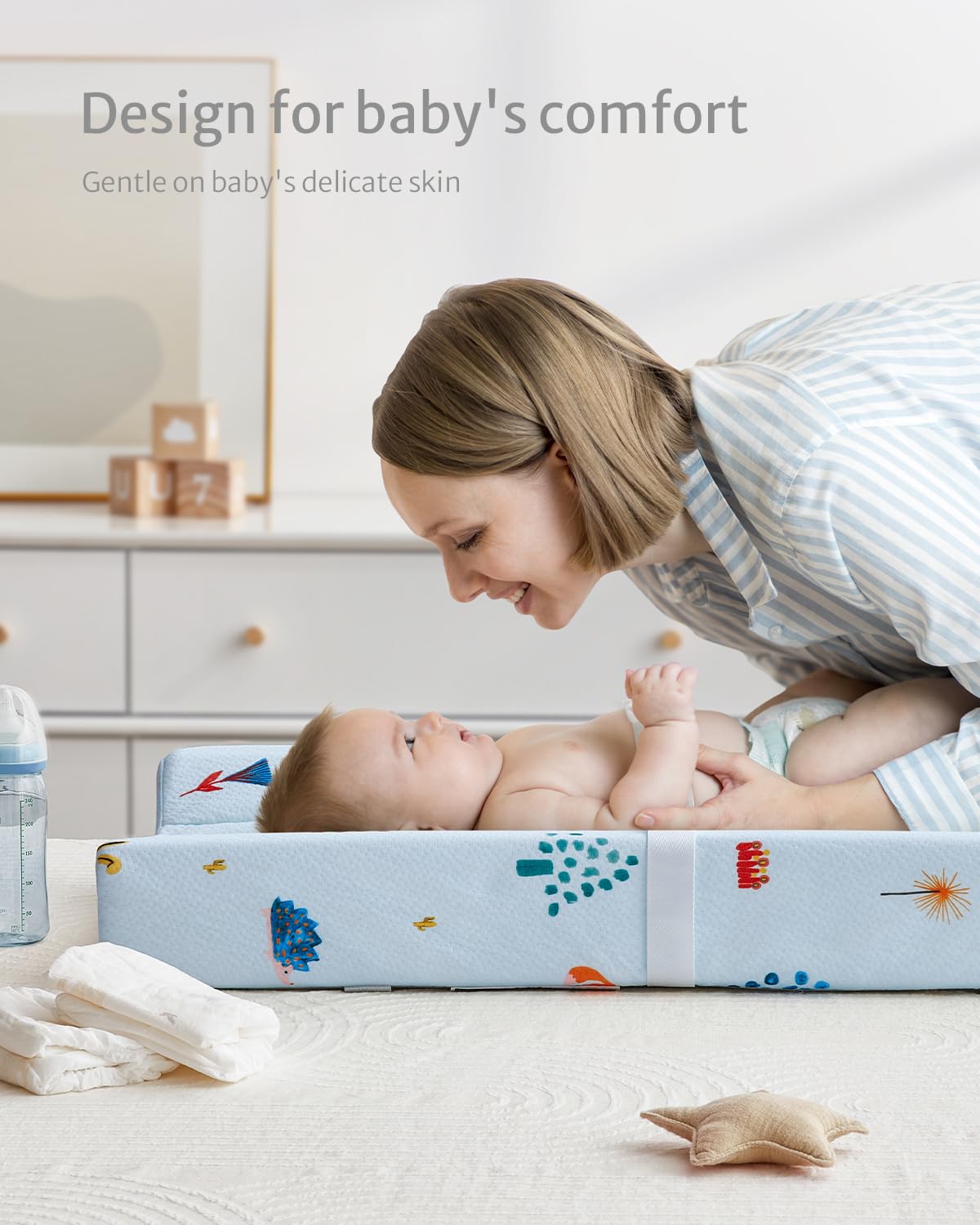 Blissful Diary Baby Changing Pad with Waterproof Lining Foam, Includes a Soft & Washable Cover, Contoured Changing Table Pads for Dresser Top with Non-Slip Bottom, 32”×16” (Grey, Avocado)