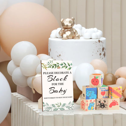 Baby Shower Games Sign Kit with 50 Blank Wooden Baby Blocks, 24 Acrylic Paint Marker and Wooden Sign, Blocks for Baby Shower, Gender Reveals Party(Green)