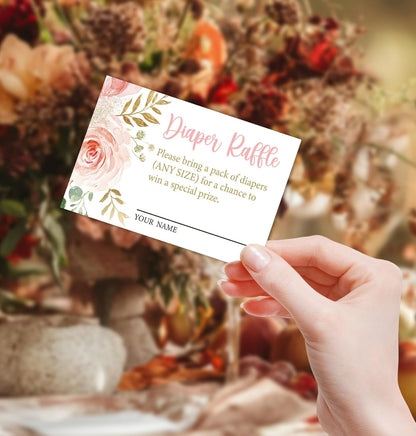 Pink Floral Diaper Raffle Cards for Baby Shower Game,1 Standing Sign & 50 Guessing Cards,Girl's Baby Shower Party Decoration,Guessing How Many Diaper Raffle Tickets