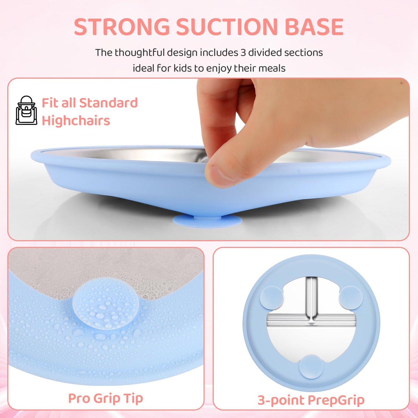 Stainless Steel Kids Plates, 2 Pcs Baby Silicone Suction Plate, 9" Divided Toddler Stainless Steel Plates, Non Toxic & BPA Free Non Slip, Dishwasher & Microwave Safe