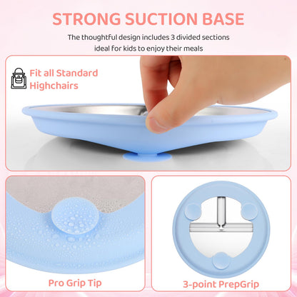 Stainless Steel Kids Plates, 2 Pcs Baby Silicone Suction Plate, 9" Divided Toddler Stainless Steel Plates, Non Toxic & BPA Free Non Slip, Dishwasher & Microwave Safe