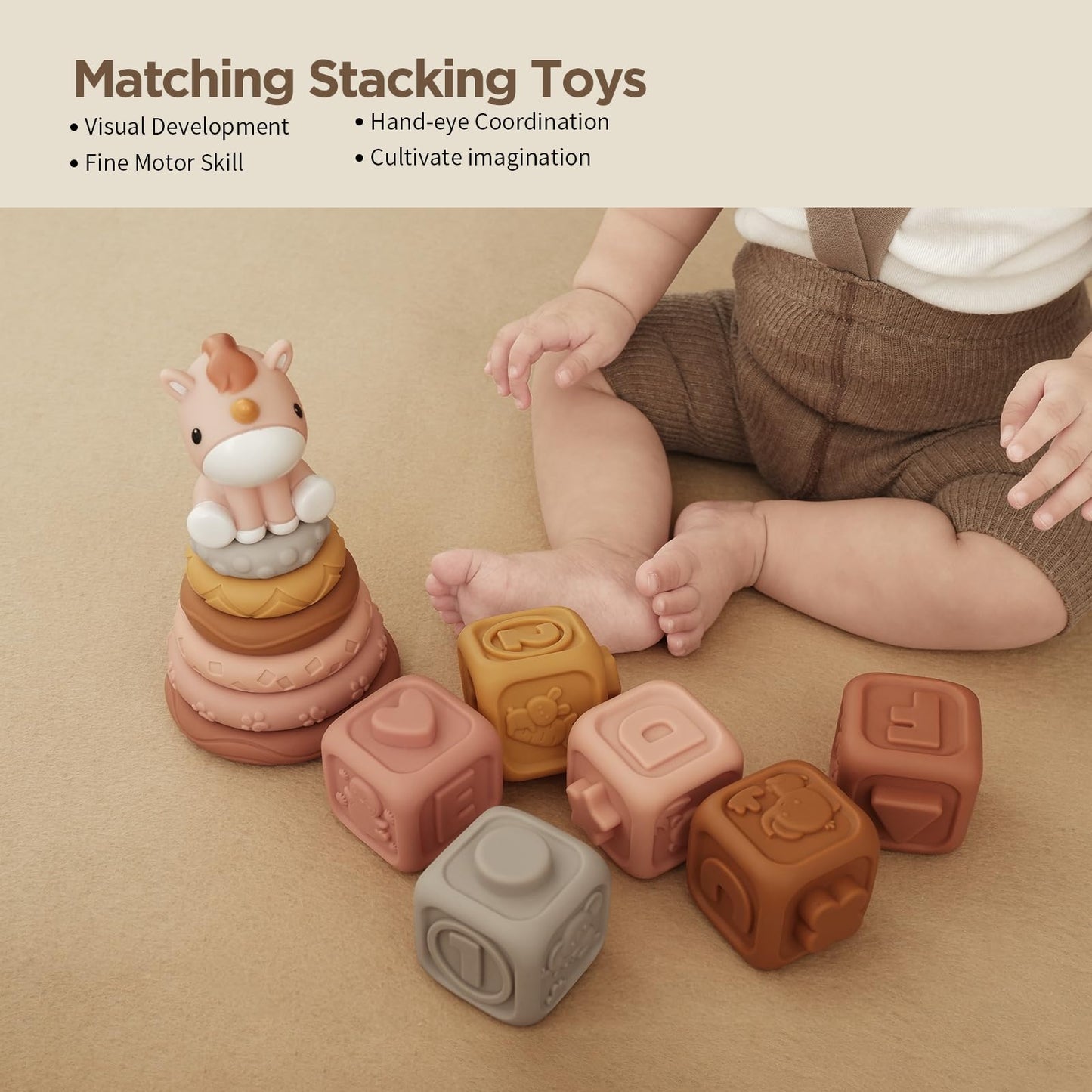 Nueplay 13 Pcs Building Circle & Blocks, Stacking & Nesting Baby Toys with Horse Figure, Newborn Essentials Squeeze Teething Toy Gifts for 6 12 18 Months Baby Toddler Girls