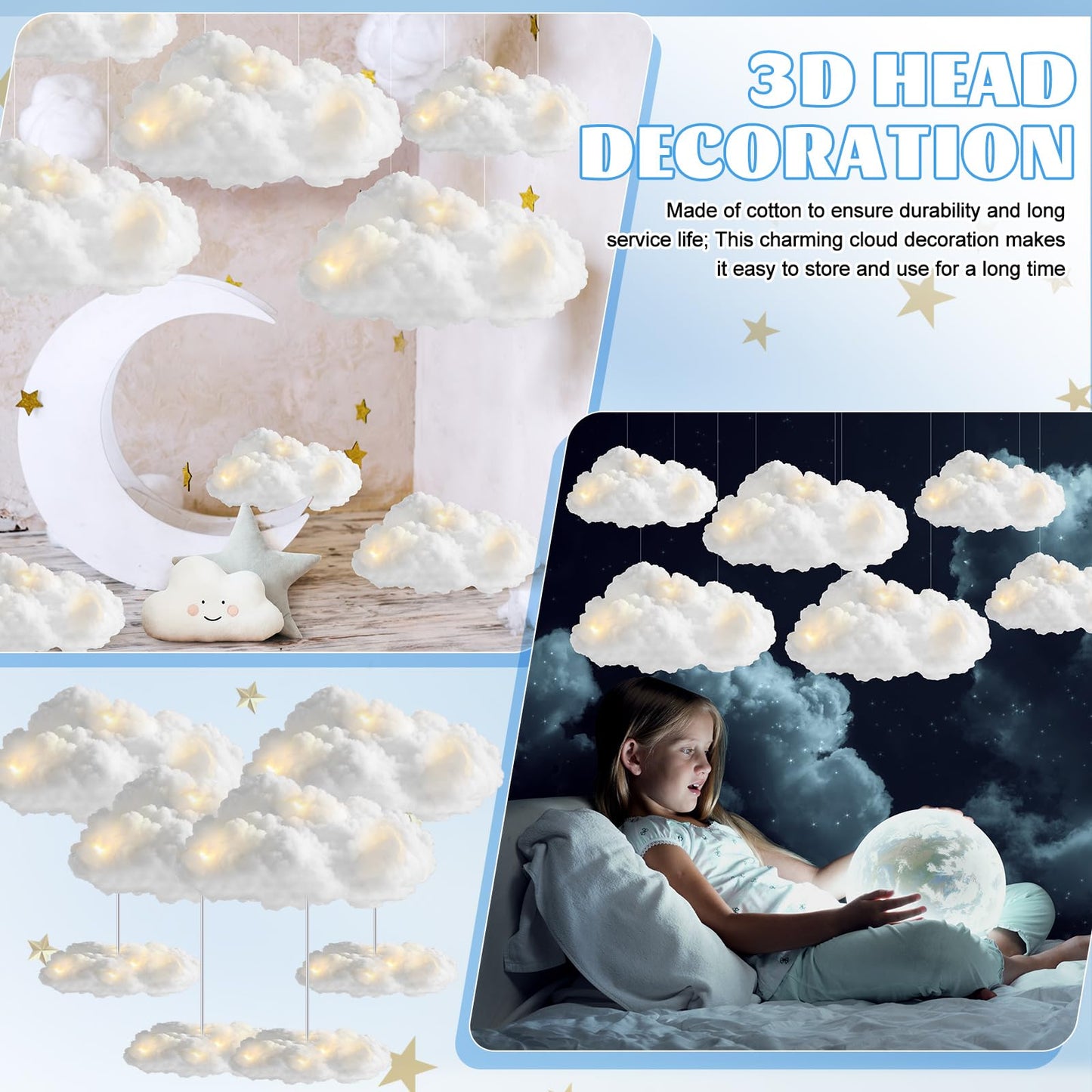 Wettarn 6 Set Cloud 3D Cloud LED DIY Lights Baby Shower Cloud Table Decor Hanging Cloud for Ceiling LED Cloud Kit Fake Cloud Ornament Artificial Cotton Cloud Prop for Wedding Bridal Party Room Decor