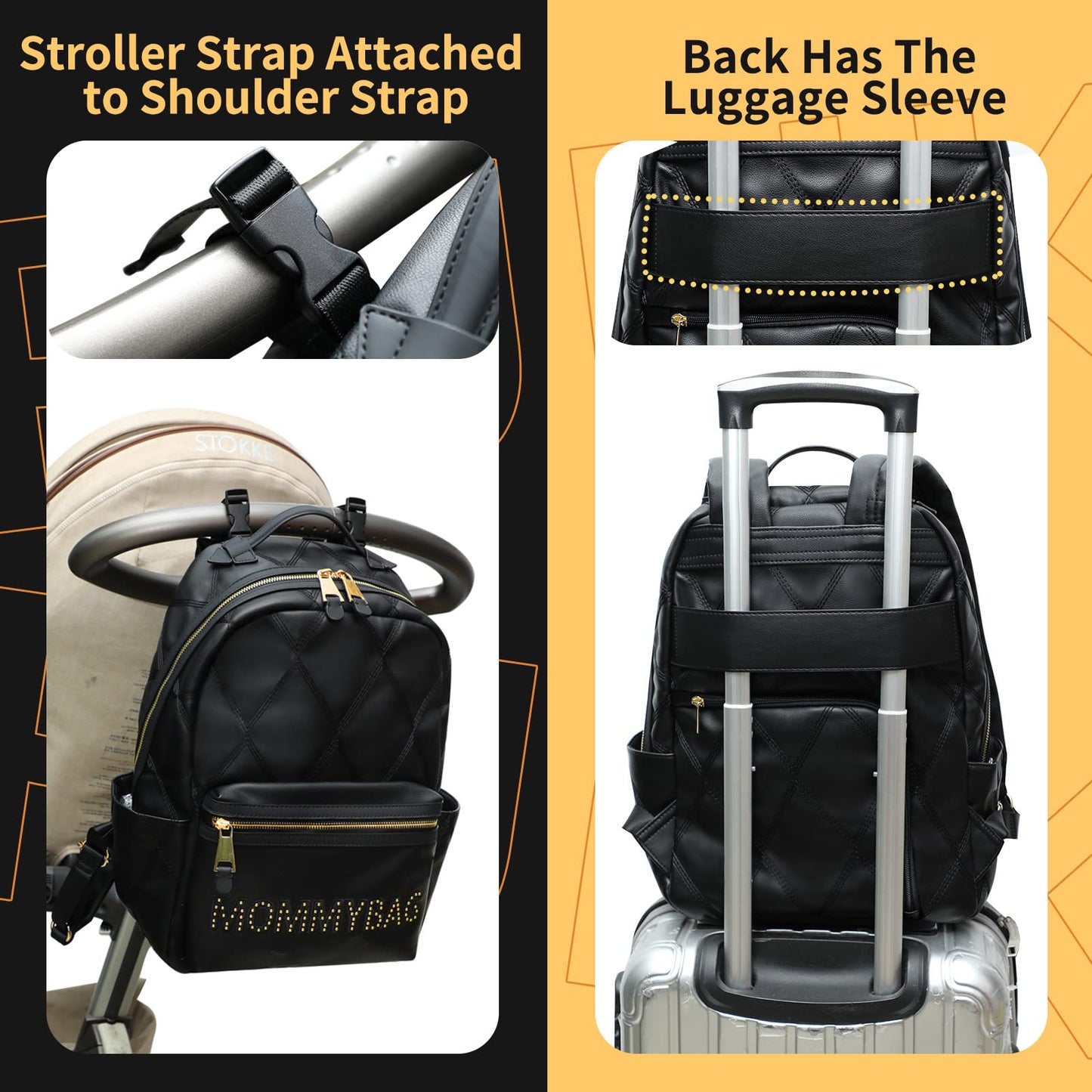 miss fong Diaper Bag Backpack Baby Diaper Bag for baby boy and girls, Leather Baby Bag with 13 diaper bag organizing pouches, Changing Pad, Stroller Straps and 4 Insulated Pockets(Black)