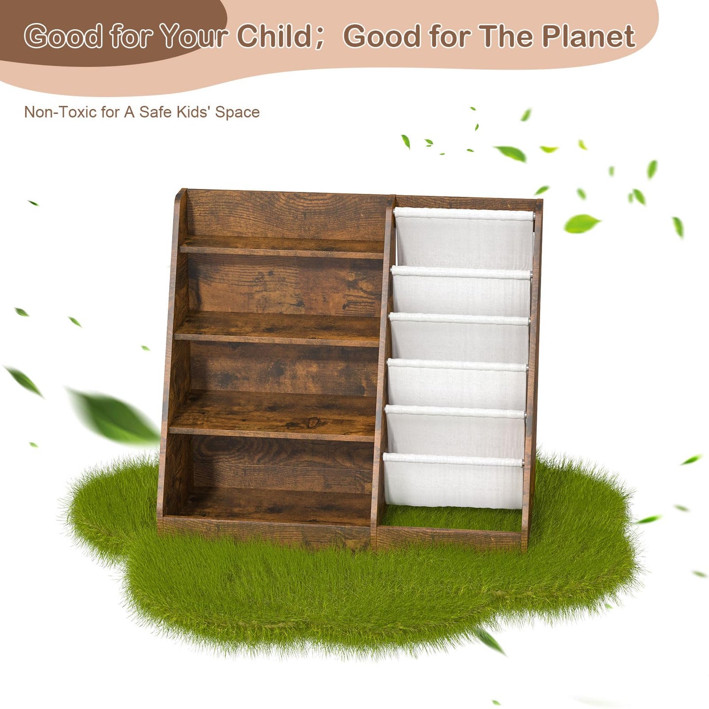 White Kids Bookshelf Wood Toy Storage Organizer Cabinet Children Bookcase Toddler Baby Sling Book Rack 3 Cube Bins Fabric Drawers for Playroom Bedroom Nursery School