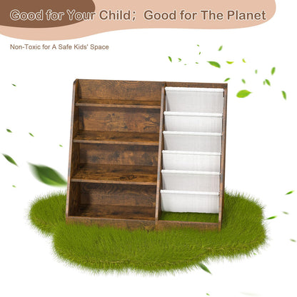 White Kids Bookshelf Wood Toy Storage Organizer Cabinet Children Bookcase Toddler Baby Sling Book Rack 3 Cube Bins Fabric Drawers for Playroom Bedroom Nursery School