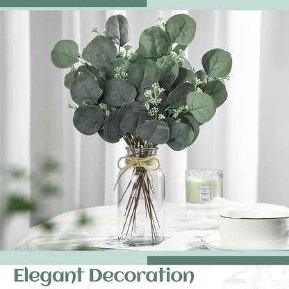 4 Pack Artificial Eucalyptus Stems in Glass Vase 15 Inch Fake Plants Eucalyptus Potted Fake Plant with Double-Sided Green Leaves for Desk,Farmhouse,Wedding,Home,Office Decor(Classical)