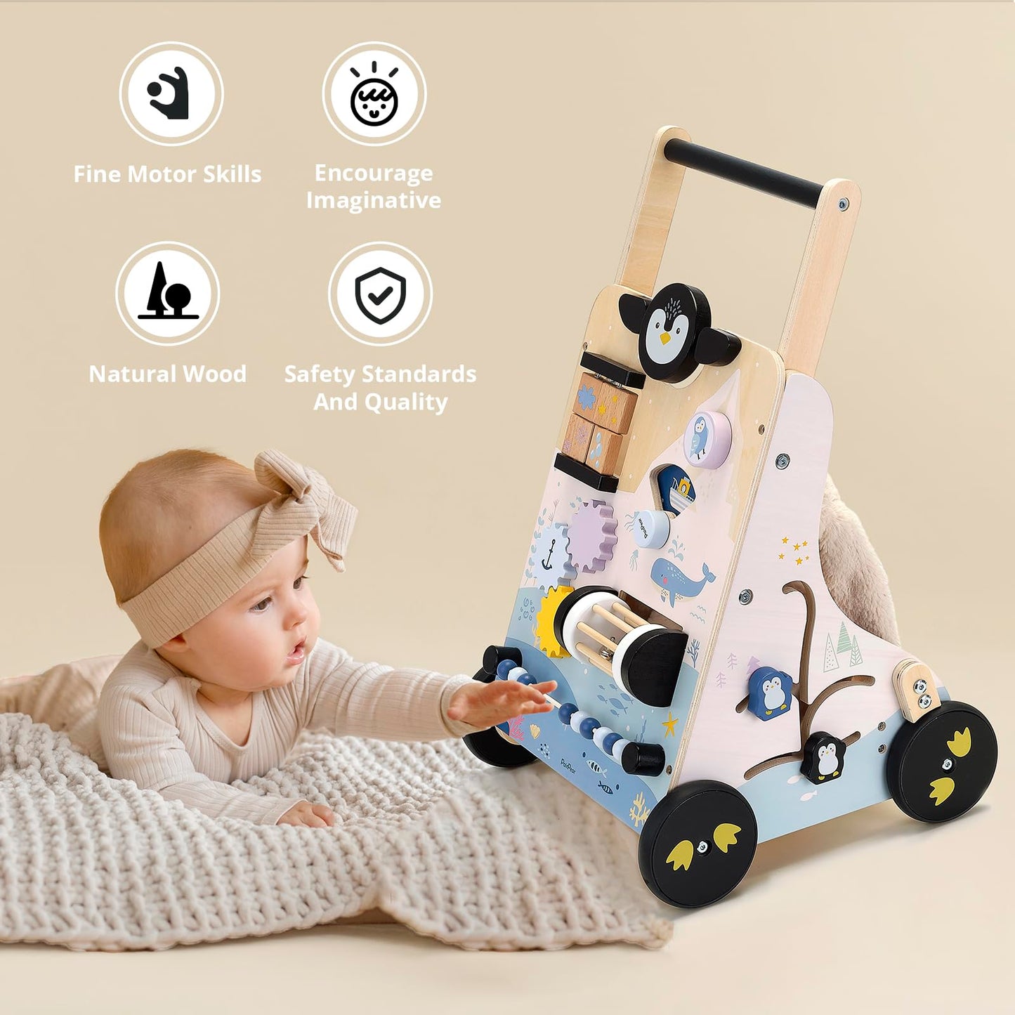 PairPear Wooden Baby Walker, Baby Push Walker, Montessori Walker Toy with Activity Center for Girls Boys, Adjustable Speed Baby Walker for Kids Development