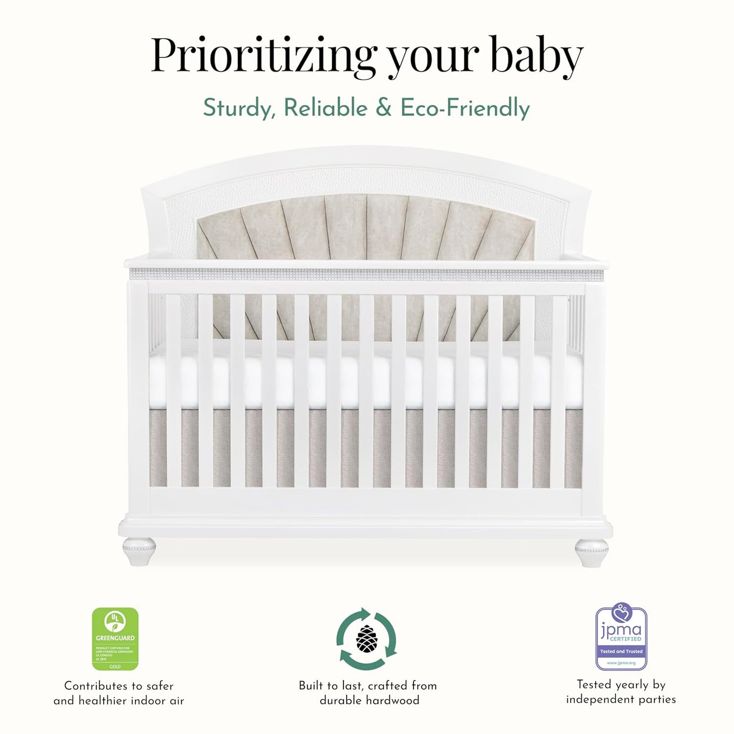 Evolur Nova 5-in-1 Convertible Crib in a Shimmering Stardust Finish, Crafted from Solid Wood, Features a Velvety upholstered headboard and Crystal-Like Accents on The Footboard