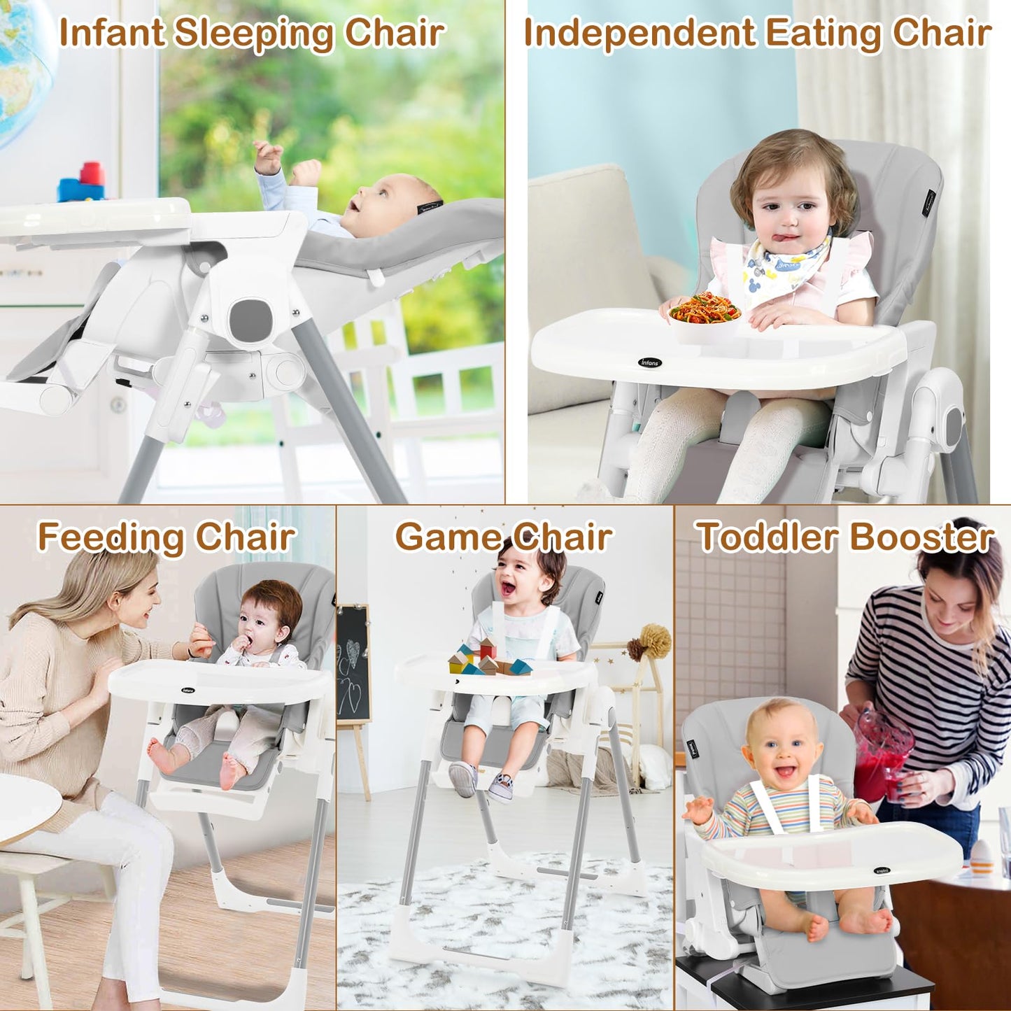 INFANS High Chair for Babies & Toddlers, Foldable Highchair with Multiple Adjustable Backrest, Footrest and Seat Height, Removable Tray, Detachable PU Leather Cushion, Built-in Rear Wheels (Black)