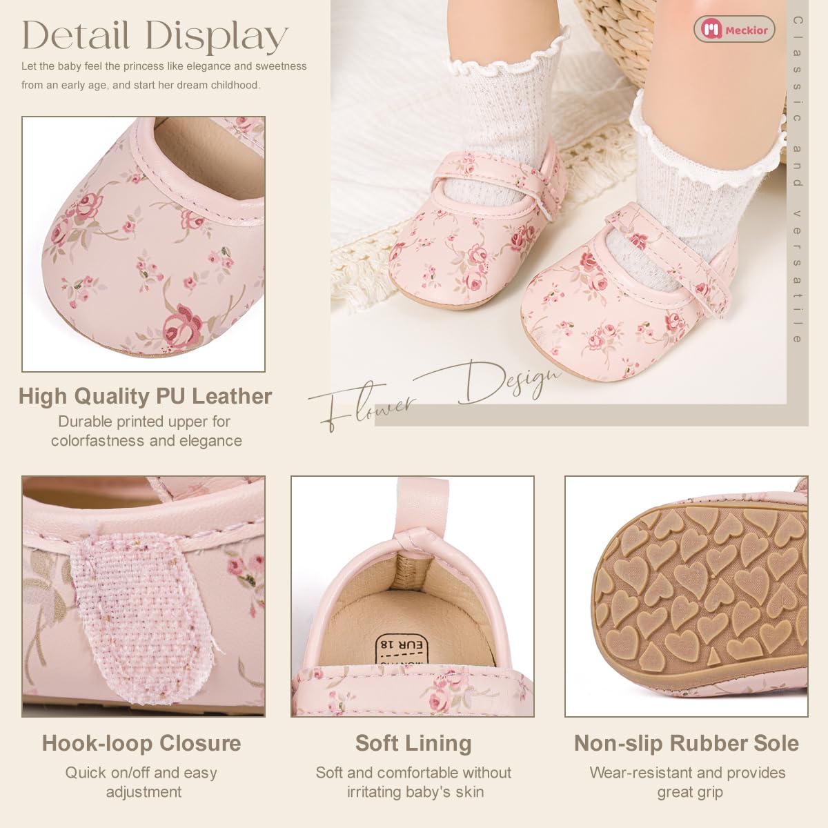Meckior Infant Baby Girls Boys Handmade Princess Flats Toddler First Walkers Soft PU Leather Non-Slip Crib Wedding Dress Shoes