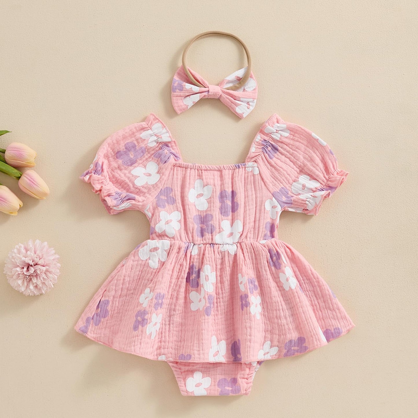 Baby Girls Daisy Romper Bowknot Bodysuit+Headband Short Sleeve Playsuits Floral Jumpsuit Infant Summer Clothes