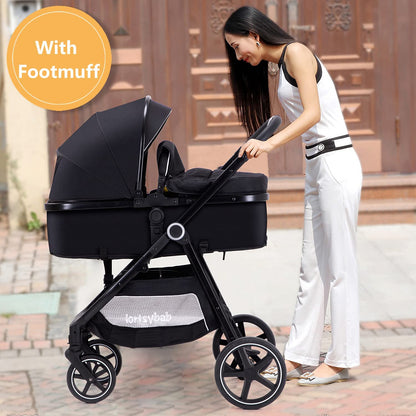 2-in-1 Baby Stroller with Bassinet Mode - Folding Infant Newborn Pram Stroller with Reversible Seat - Toddler Strollers for 0-36 Months Old Babies (Beige)