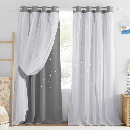 NICETOWN Nursery Curtains for Kids, Farmhouse Blackout Curtain Panels for Bedroom, Double Layer Star Hollow-Out Grommet Aesthetic Living Room Toddler Window Curtains, 2 Pcs, W52 x L84, Biscotti Beige