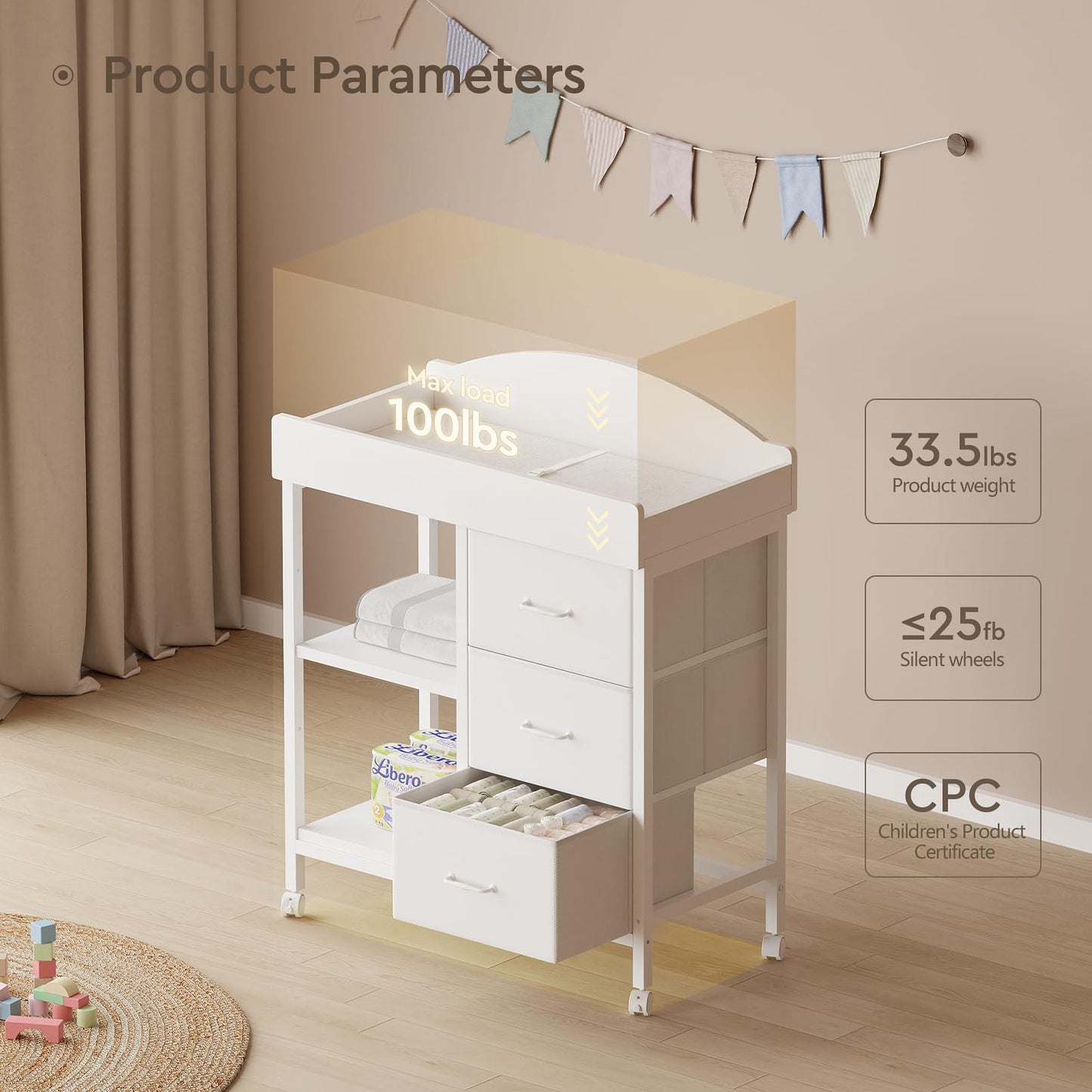 Changing Table Dresser, Baby Dresser with 3 Drawers and 2 Shelves, Multi-Functional Baby Changing Table with Pad, Classic Nursery Dresser, Diaper Changing Station for Children's Room, Black