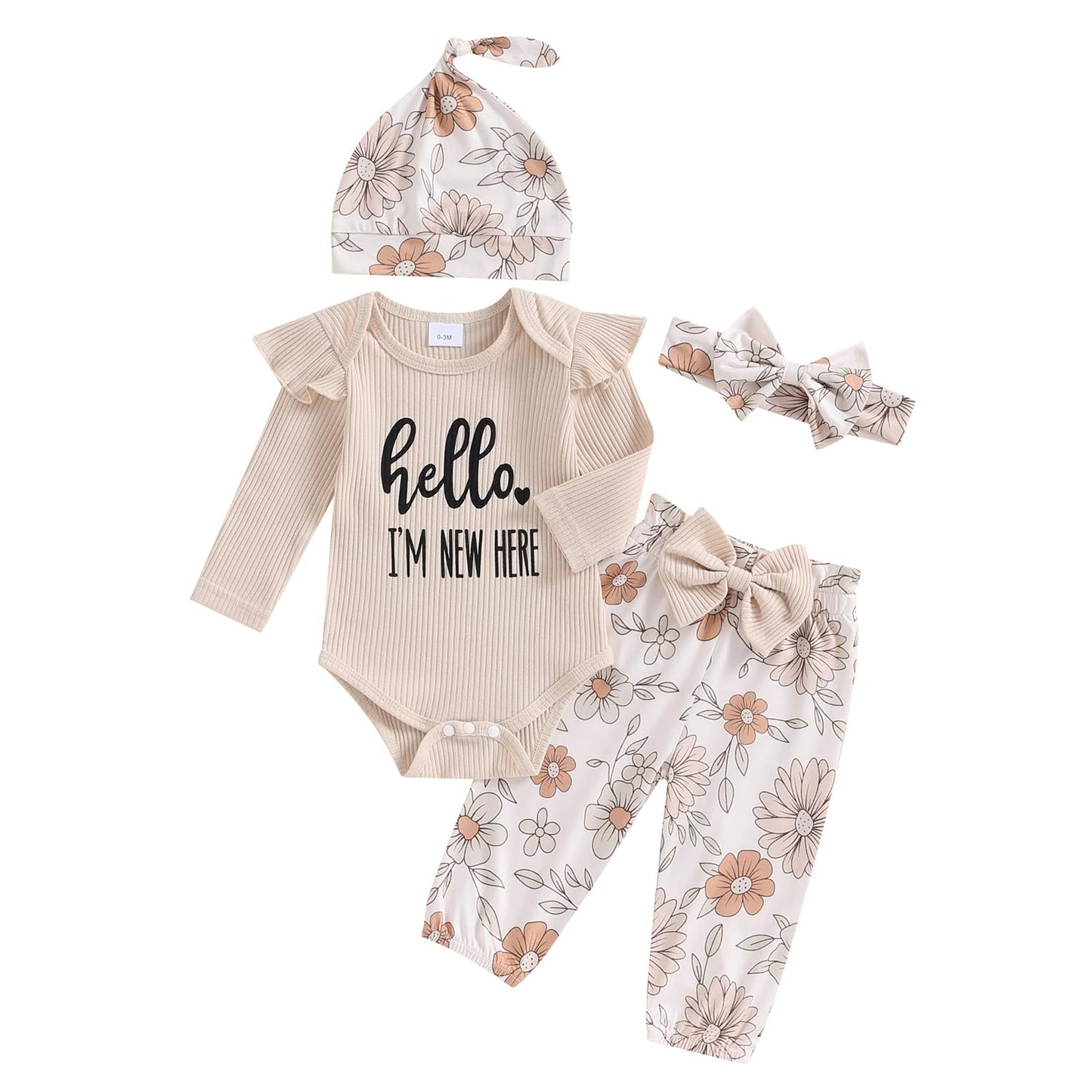 Hello World Newborn Outfit Baby Girl Going Home Outfit Ruffle Ribbed Romper Top Floral Pants Set Cute Summer Clothes