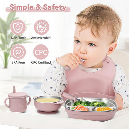 Baby Weaning Bundle, Silicone Baby Feeding Set, Comes with Detachable Silicone Stainless Steel Toddlers Plate and Bowl set, Baby Bib and 2-in-1 Water Cup and spoons (Blue)