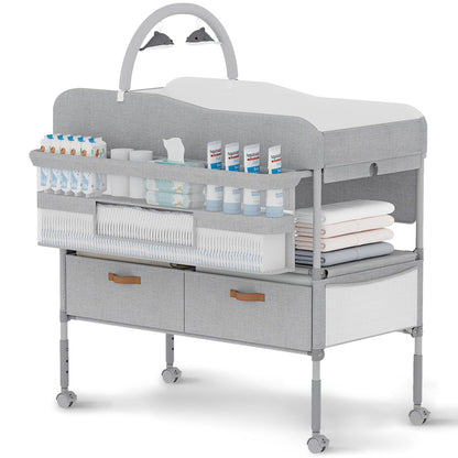 Diaper Changing Station, Portable Changing Table for Baby, Diaper Changing Table with Storage Drawers, Waterproof Baby Changing Station with Wheels and Adjustable Height for Newborn Infant (Pink)
