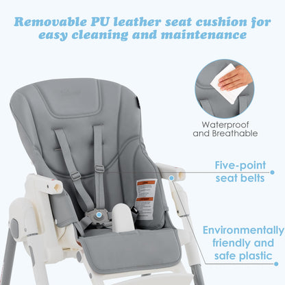 INFANS High Chair for Babies & Toddlers, Foldable Highchair with Multiple Adjustable Backrest, Footrest and Seat Height, Removable Tray, Detachable PU Leather Cushion, Built-in Rear Wheels (Black)