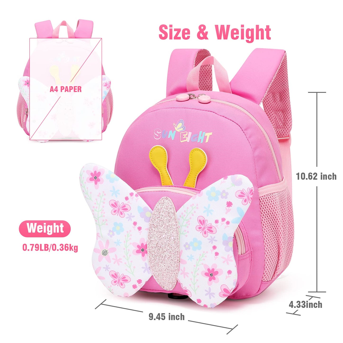 SUN EIGHT Preschool Backpack with Anti-Lost Harness Toddler Backpack School Bag 3D Cartoon Lunch Backpack for Toddler Girls 1-4 Years(Butterfly)