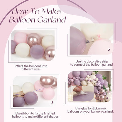 Lavender Balloon Garland Arch Kit, 130pcs Pink and Purple Balloon Arch Kit with Dusty Purple Light Pink Sand White Metallic Rose Gold Balloons for Birthday Wedding Butterfly Baby Shower Decorations