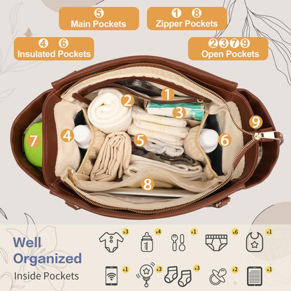 miss fong Diaper Bag Tote Leather Diaper Bag Backpack, Large Capacity Mommy Bag Hospital Bag, 12 Pockets Travel Diaper Tote with Changing Pad，Stroller Straps & Insulated Pockets for Mom & Dad-Brown