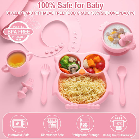 Silicone Baby Feeding Set, 8 Pcs Baby Led Weaning Supplies, Baby Feeding Essentials for 6+ Months, Toddler Weaning Set with Bib, Baby Plate and Bowl with suction(Pink-ToiyBosm Design)