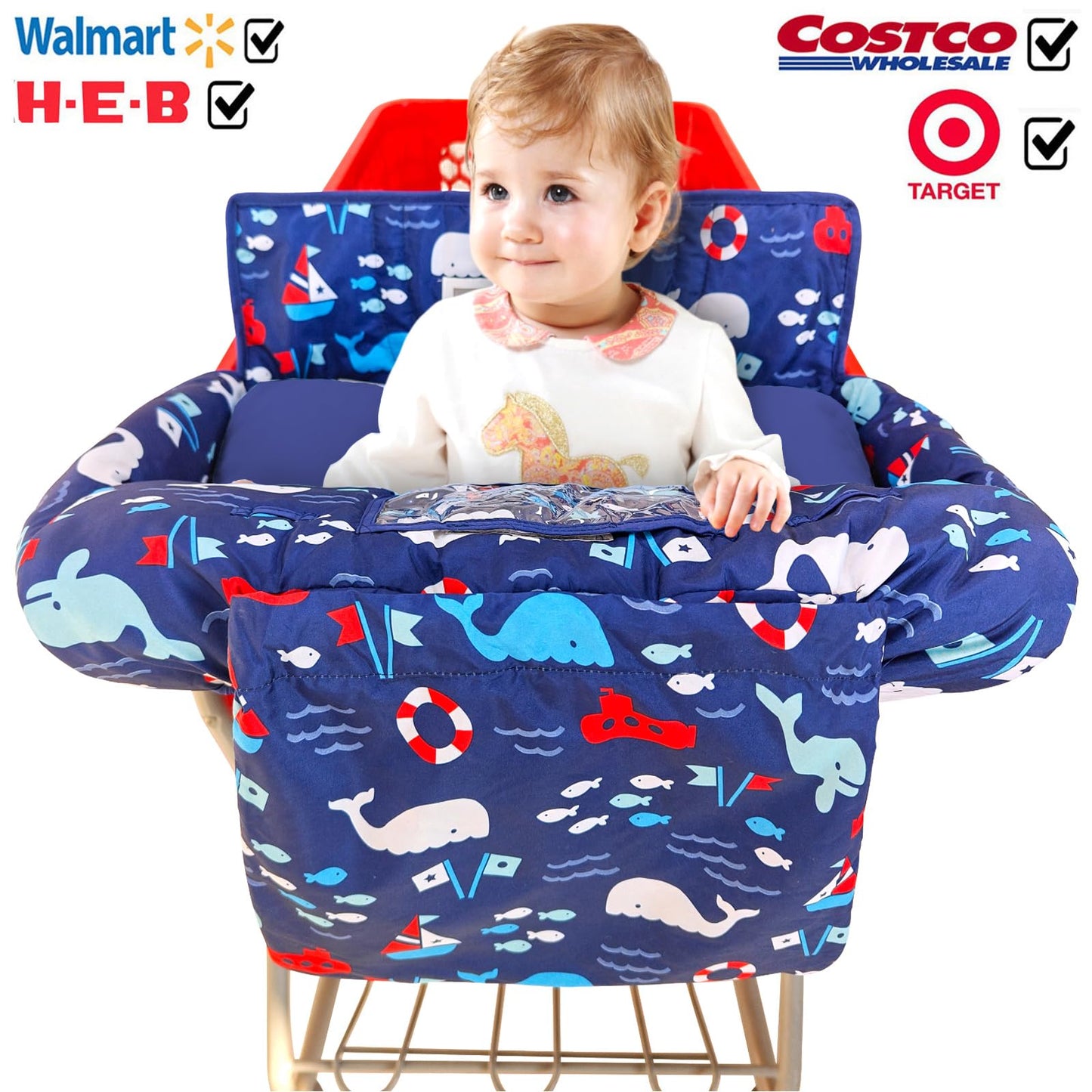 Soft Pillow Attached 2-in-1 Shopping Cart and High Chair Cover for Baby, Cotton Padded Cart Cover, Fold'n Roll Style, Portable with Carry Bag (Blue Elephant)
