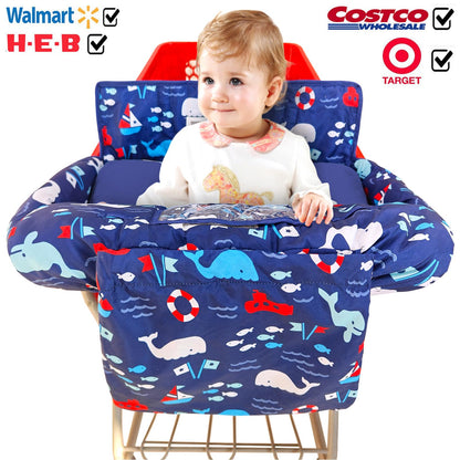 Soft Pillow Attached 2-in-1 Shopping Cart and High Chair Cover for Baby, Cotton Padded Cart Cover, Fold'n Roll Style, Portable with Carry Bag (Blue Elephant)