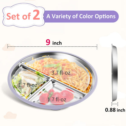 Stainless Steel Baby Plate with Suction, 9” Divided Toddler Plates with Removable Silicone Sleeves for Kids, Non-Toxic Non-Slip Unbreakable Dishwasher Safe Dinnerware Set of 2, Pink & Beige