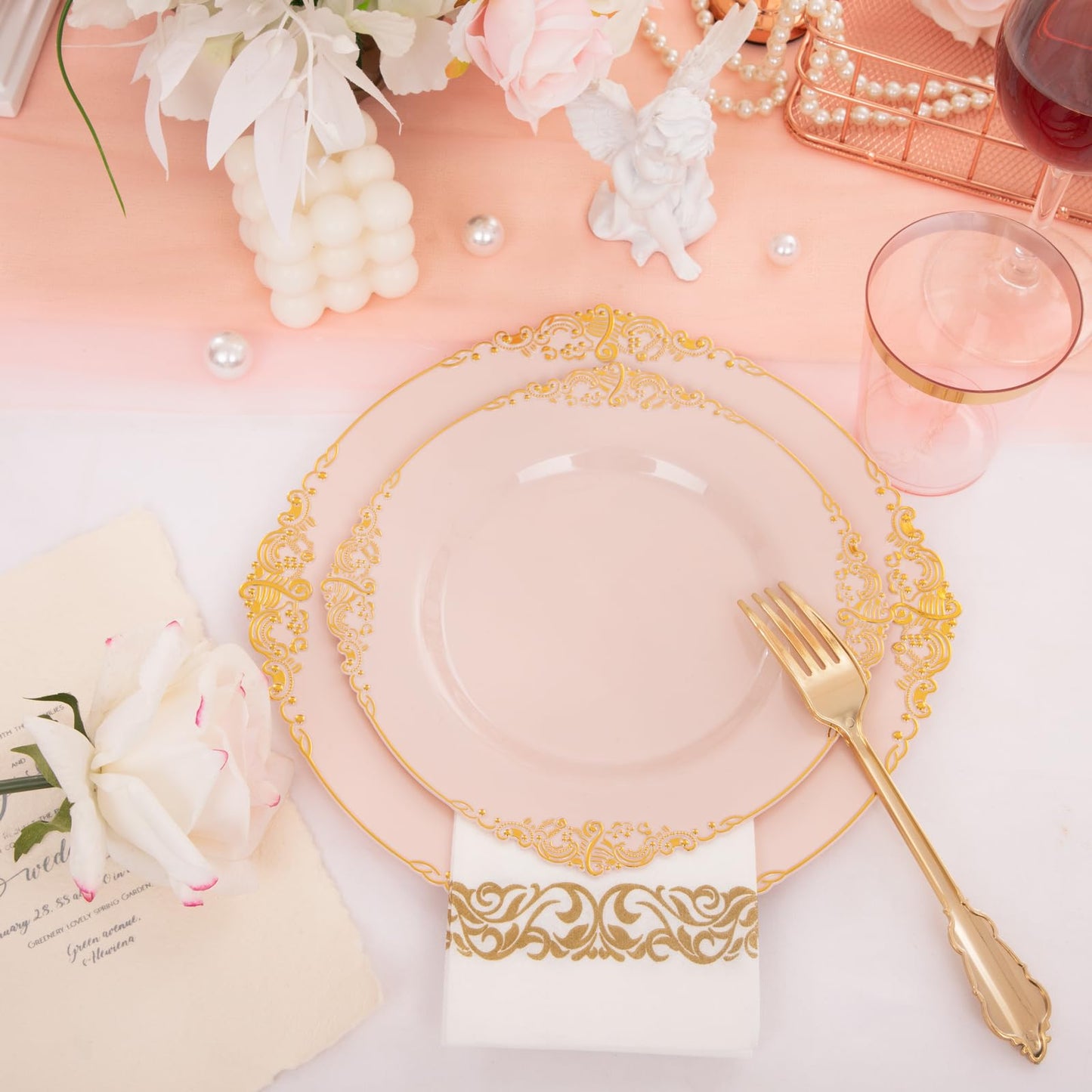 Morejoy 175PCS Rose Gold & Silver Plastic Dinnerware Set: 25 Plates, 25 Forks, 25 Knives, 25 Spoons, 25 Cups, 25 Napkins - Perfect for Wedding & Party