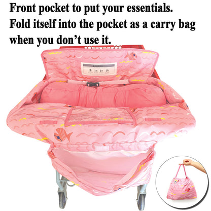 Soft Pillow Attached 2-in-1 Shopping Cart and High Chair Cover for Baby, Cotton Padded Cart Cover, Fold'n Roll Style, Portable with Carry Bag (Blue Elephant)