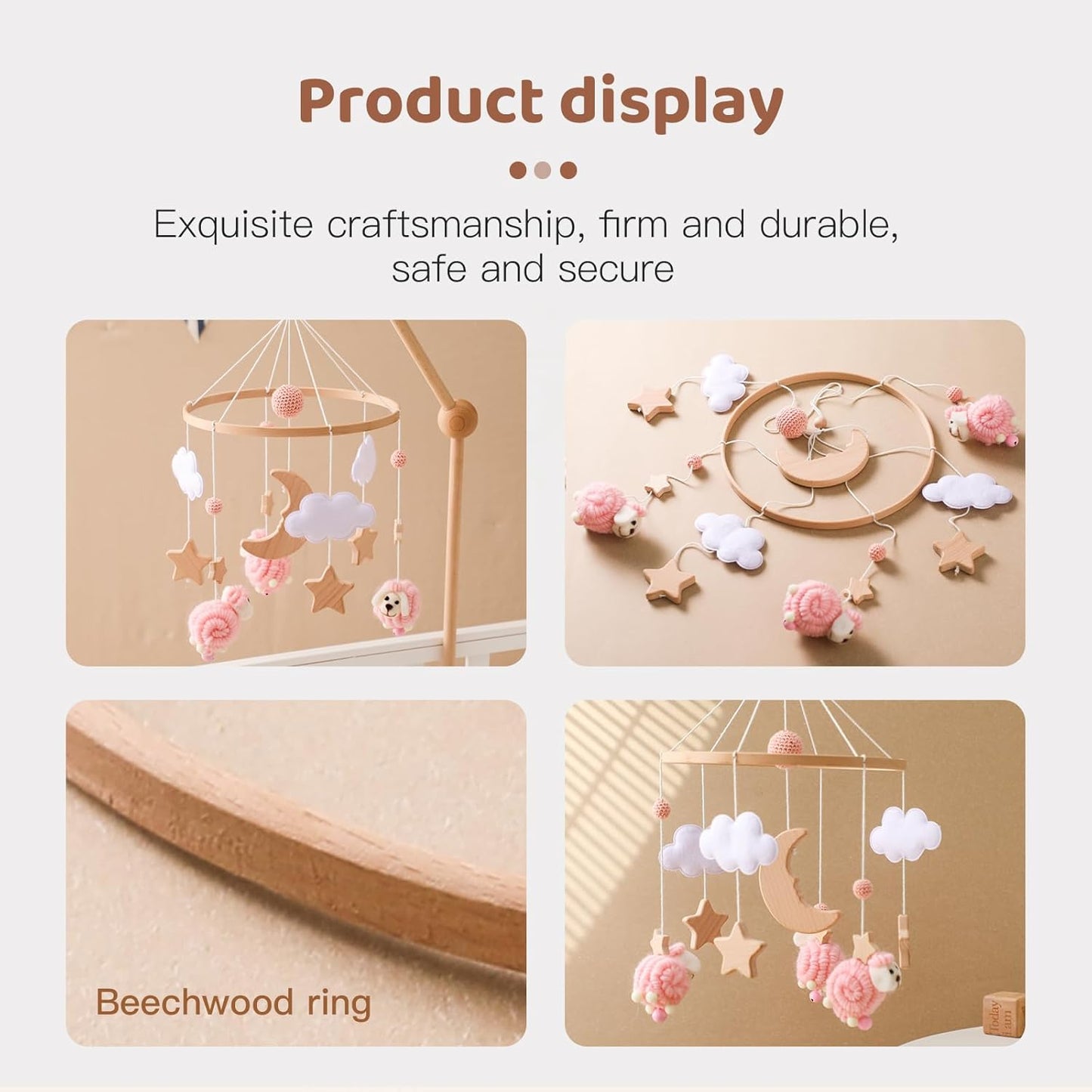 Wooden Crib Mobile Arm | Baby Crib Mobile Arm Wooden Holder | Rotatable Adjustable Anti Slip Attachment Clamp for Sturdy Mobile Hanger (Curved Arm)
