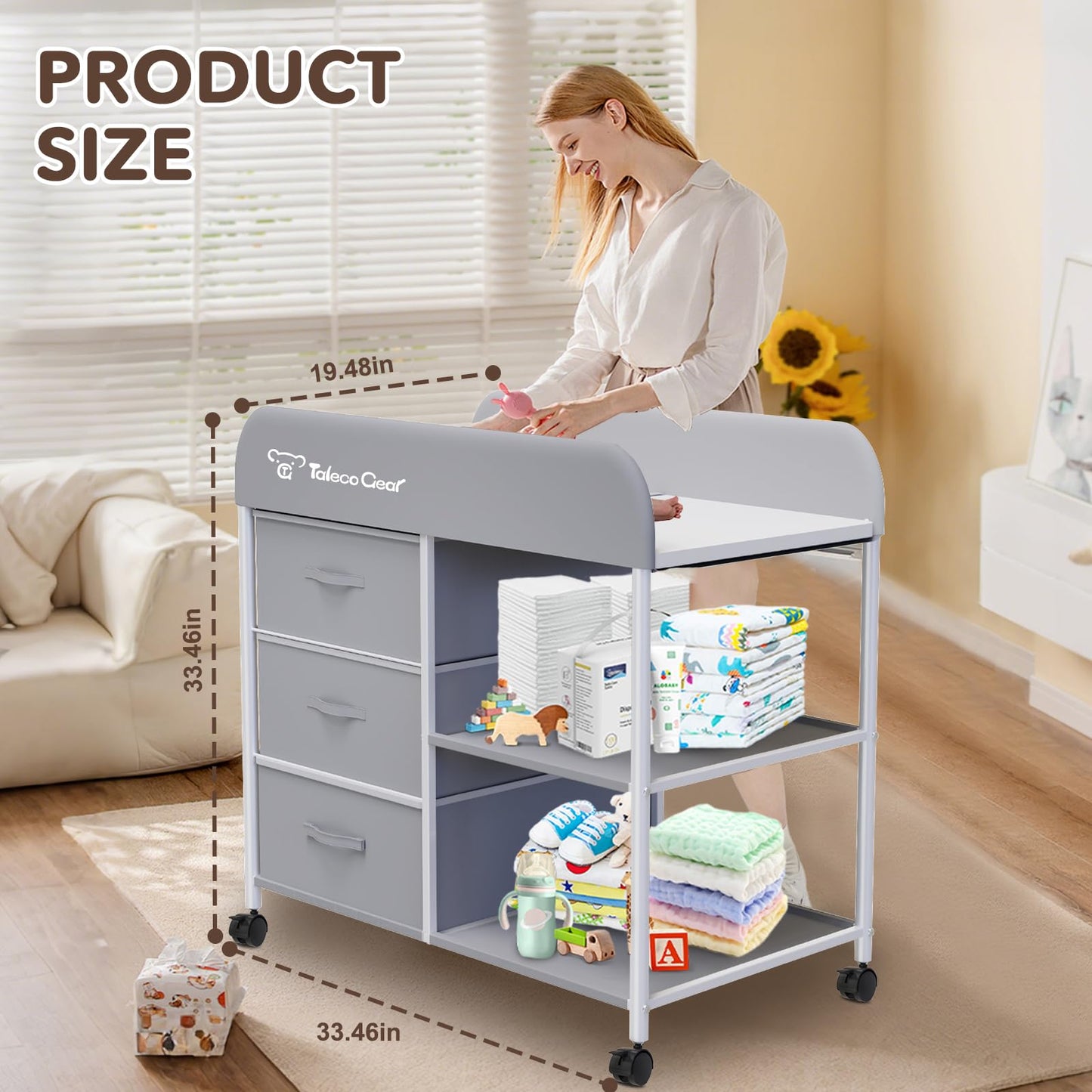 G TALECO GEAR Baby Changing Table, Portable Changing Table, Diaper Changing Station with Waterproof Pad, Changing Table Dresser with 3 Storage Baskets, Mobile Nursery Organizer for Newborn Essentials