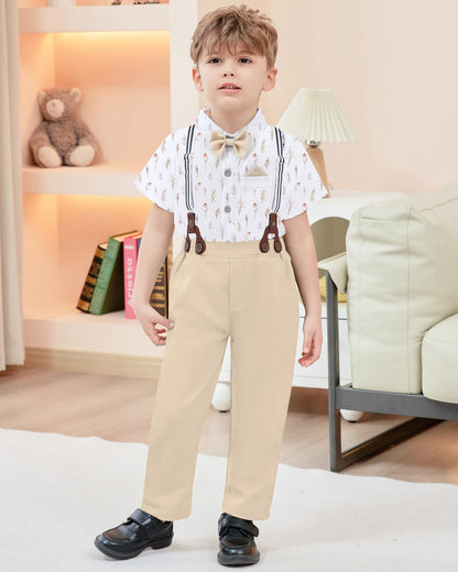 CARETOO Toddler Boy Clothes Suit Gentleman Wedding Outfits Kids Formal Dress Shirt Bowtie Long Suspender Pants Overalls 1-5T